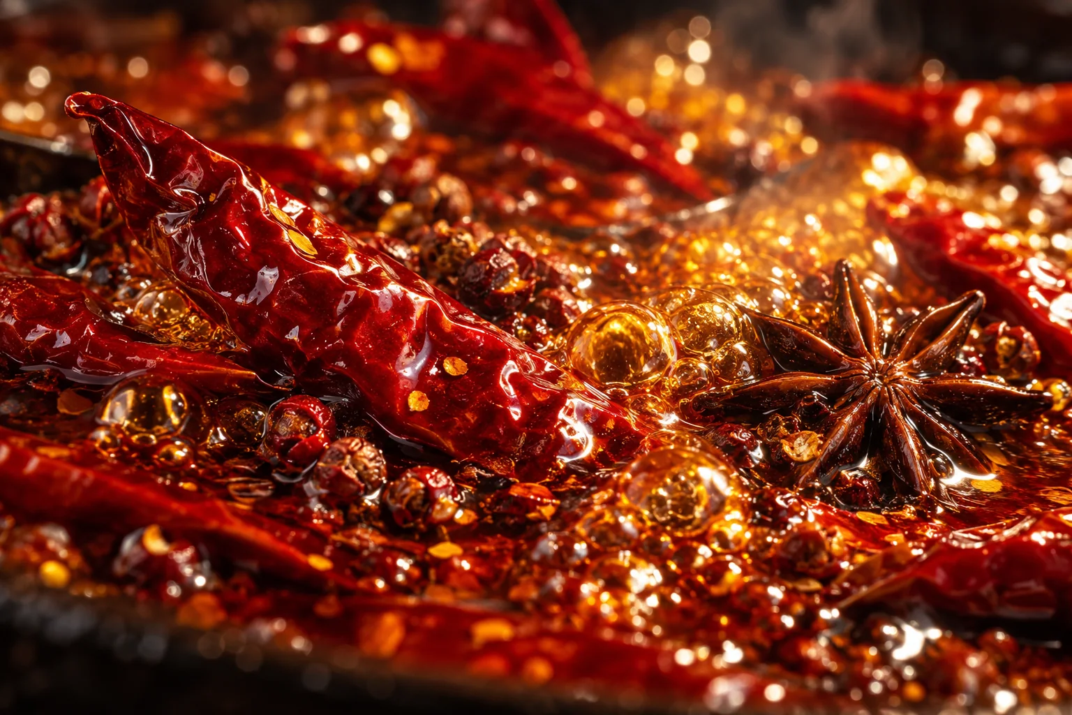 滾燙紅色牛油中翻動的乾辣椒、花椒與八角特寫
