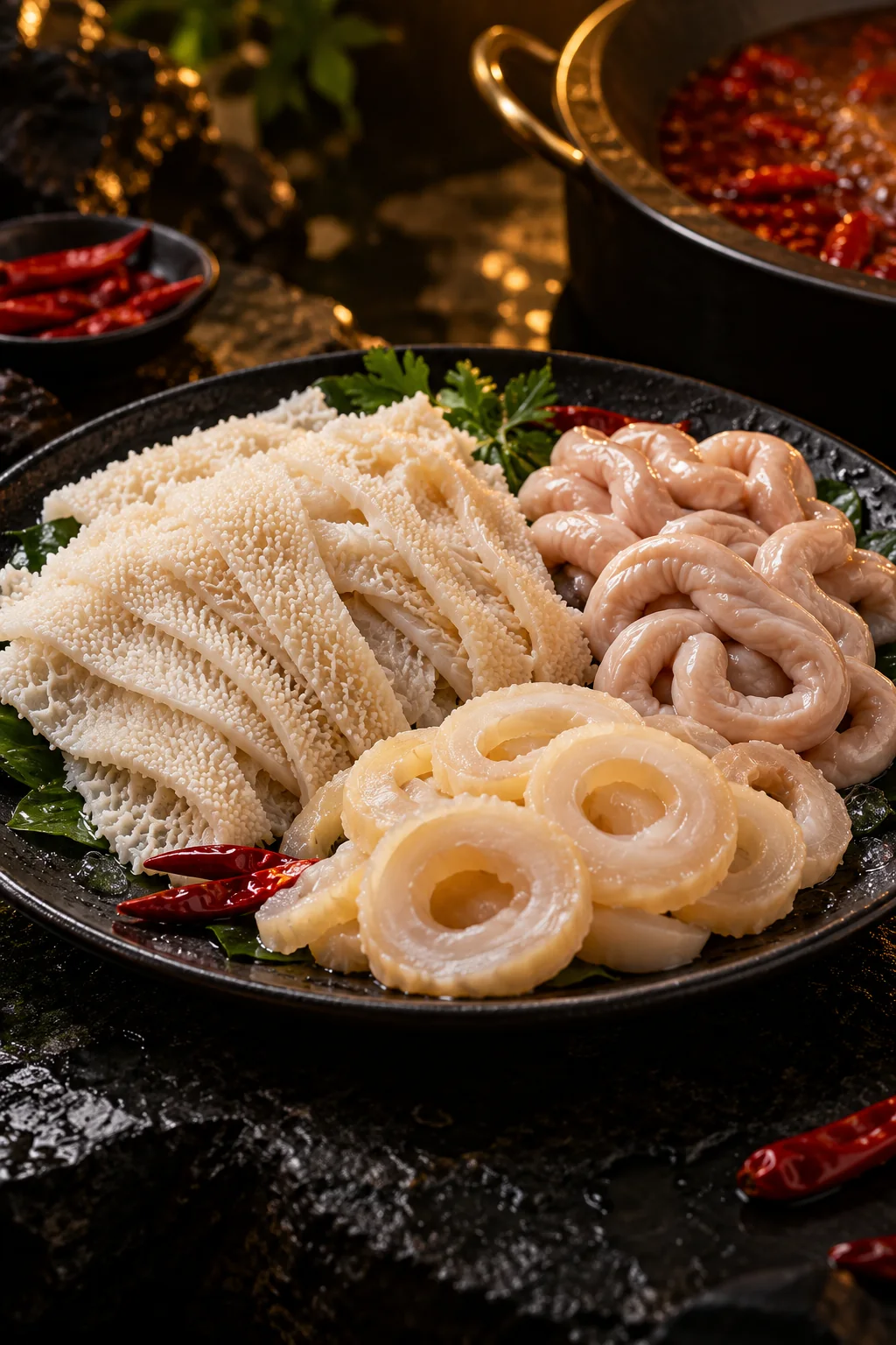 黑盤上的毛肚、鴨腸與黃喉
