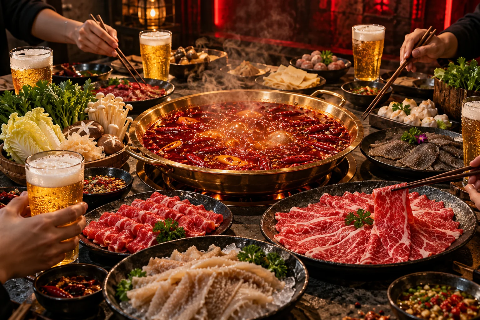 圍鍋聚餐的桌面，紅鍋居中，周圍擺滿食材與冰啤酒
